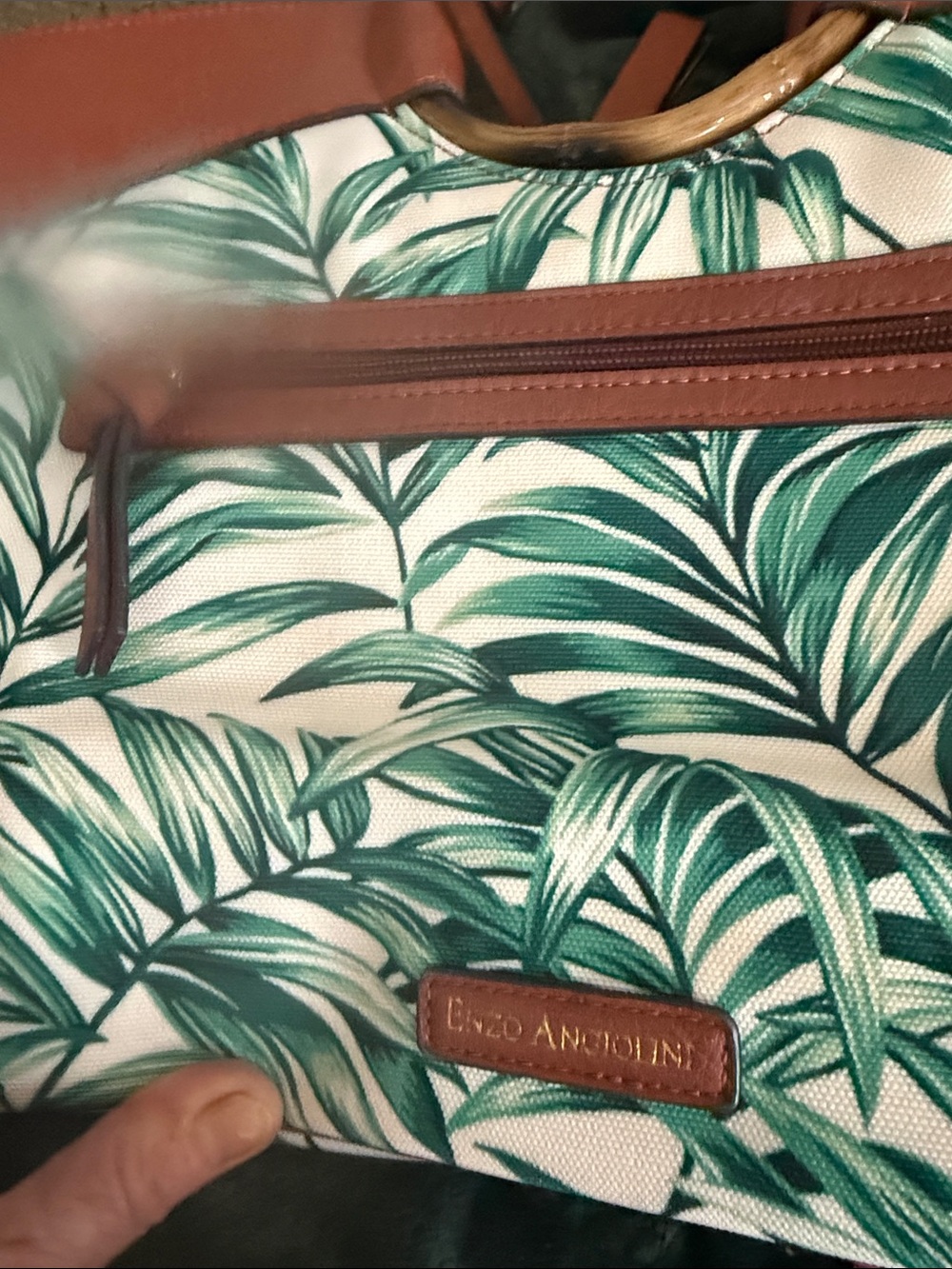 Enzo Angiolini Green Palm-Print Tote with Tan Accents